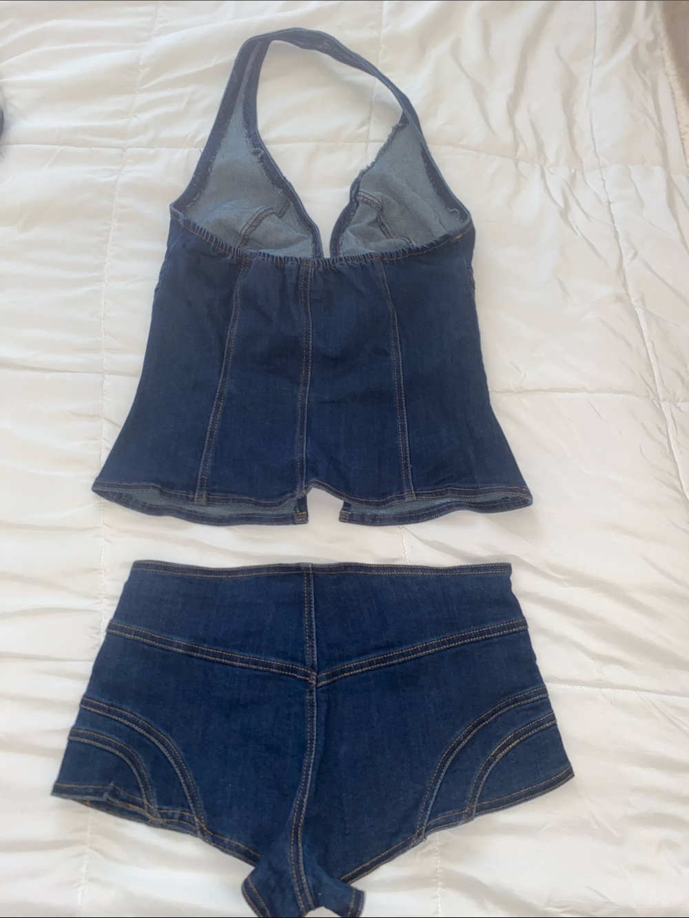 FashionNova Denim Halter Top and Shorts Set - Dark Blue - Picture 3 of 4